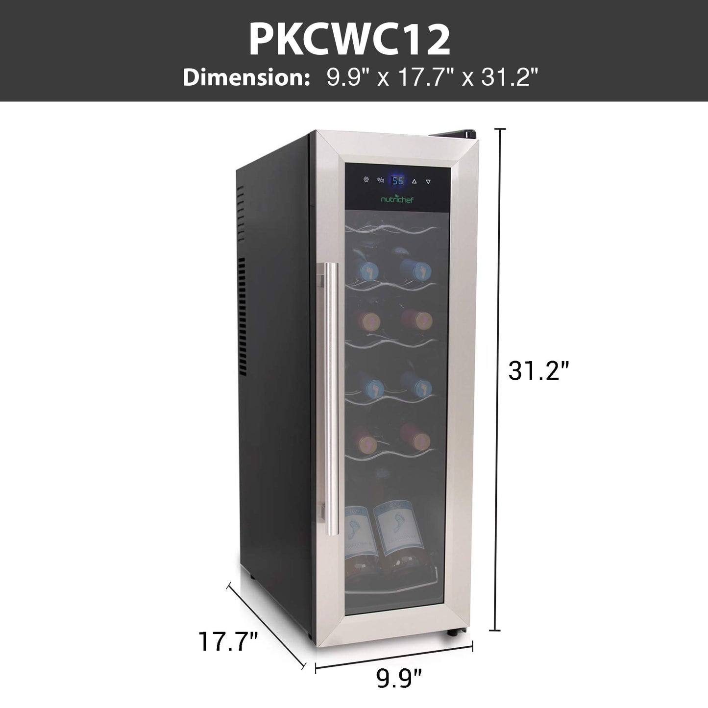 Nutrichef 12 Bottle Wine Cooler Refrigerator - White Red Wine Fridge Chiller Countertop Wine Cooler - Freestanding Compact Mini Wine Fridge 12 Bottle w/Digital Control, Stainless Steel Door - PKCWC12