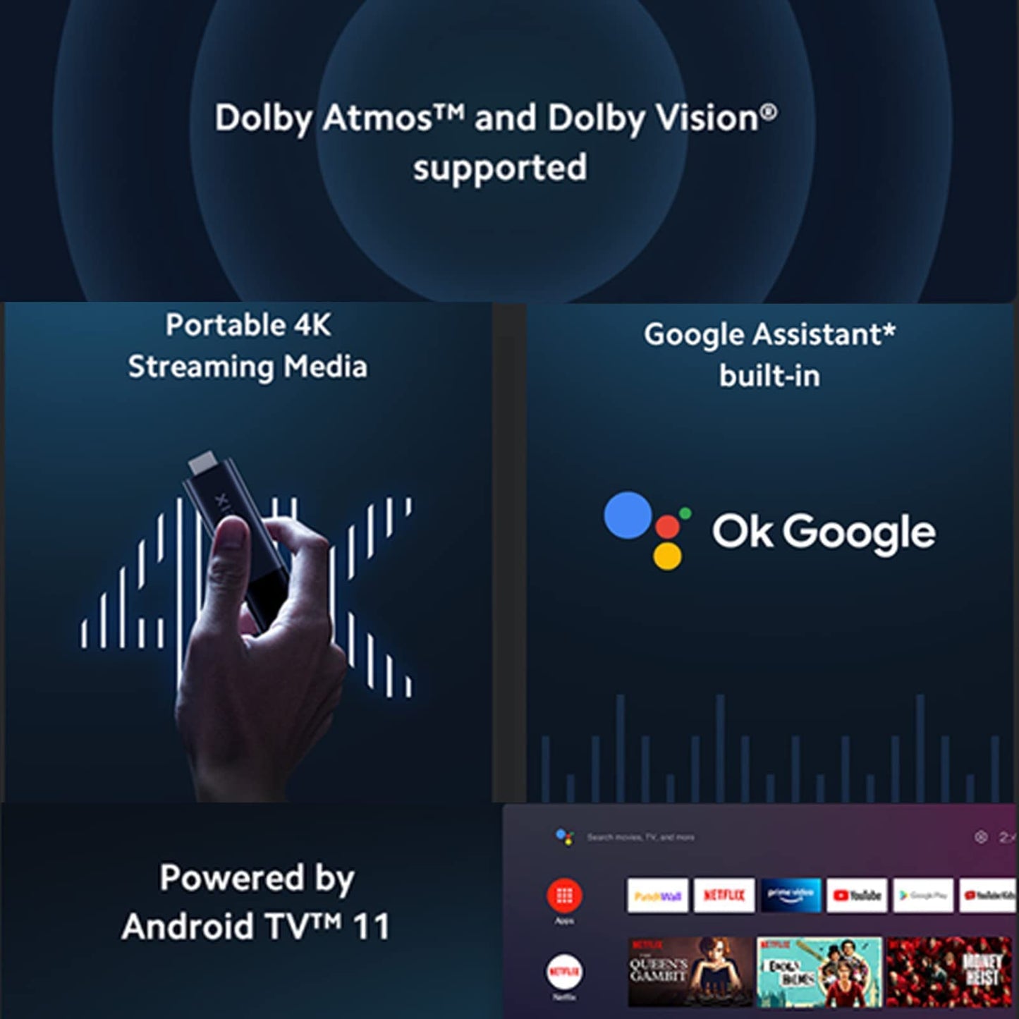 Xiaomi Mi TV Stick 4K Ultra HD Streaming Device Android TV 11 with Google Assistant Voice Remote Control Streaming Media Player Chromecast Built-in 2GB 8GB HDR/AV1/2.4G/5G WiFi/BT 5.2 (2022 Model)