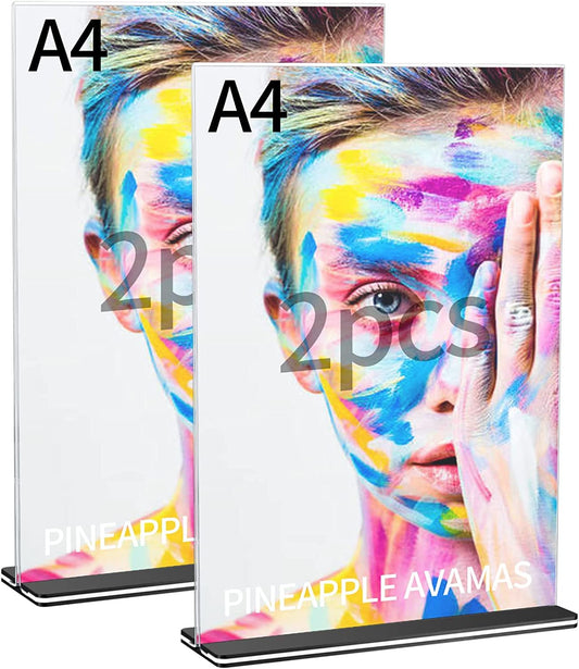 QOOSIKICC 2 Pcs Acrylic Sign Holders A4 Size, Clear Table Desktop Menu Display Stands, Paper Table Top Sign Display Holders for Restaurants, Office, Home, Store, Photo Frames, Meetings