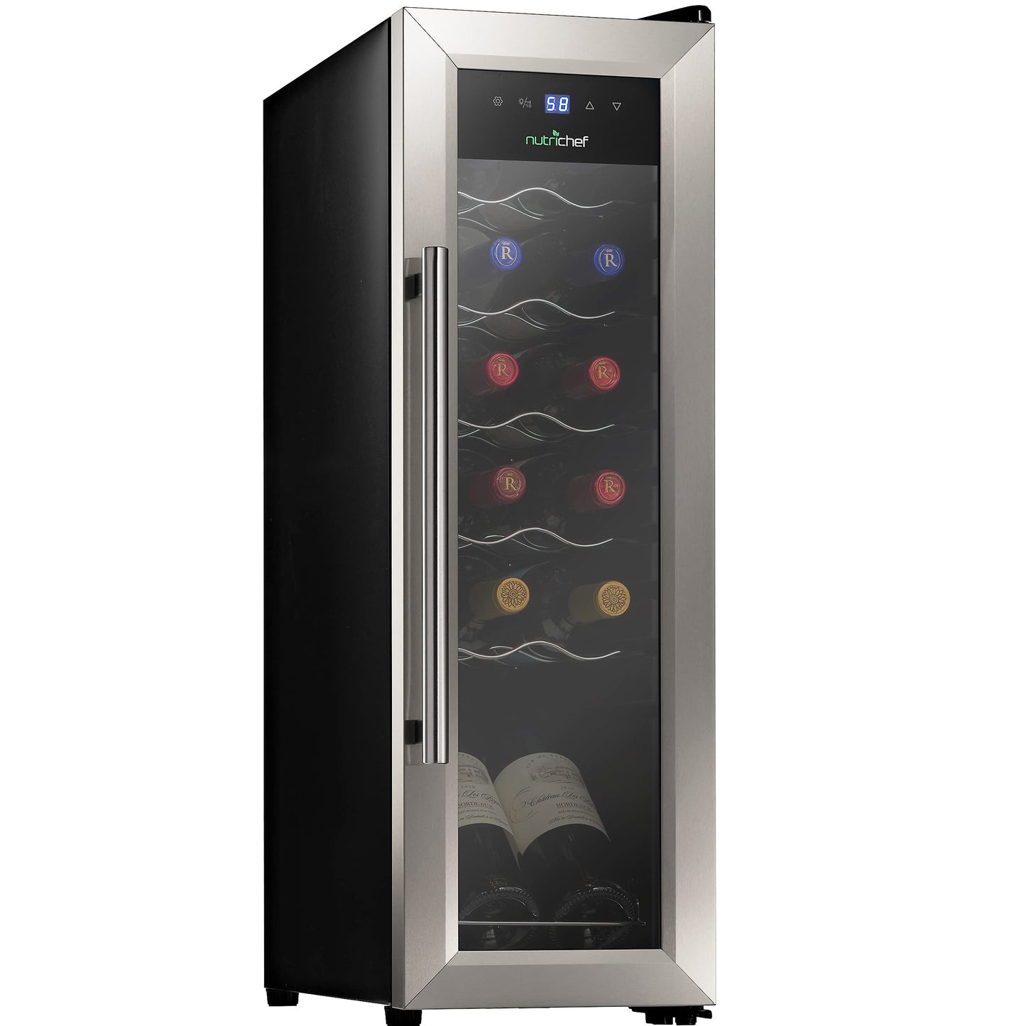 Nutrichef 12 Bottle Wine Cooler Refrigerator - White Red Wine Fridge Chiller Countertop Wine Cooler - Freestanding Compact Mini Wine Fridge 12 Bottle w/Digital Control, Stainless Steel Door - PKCWC12