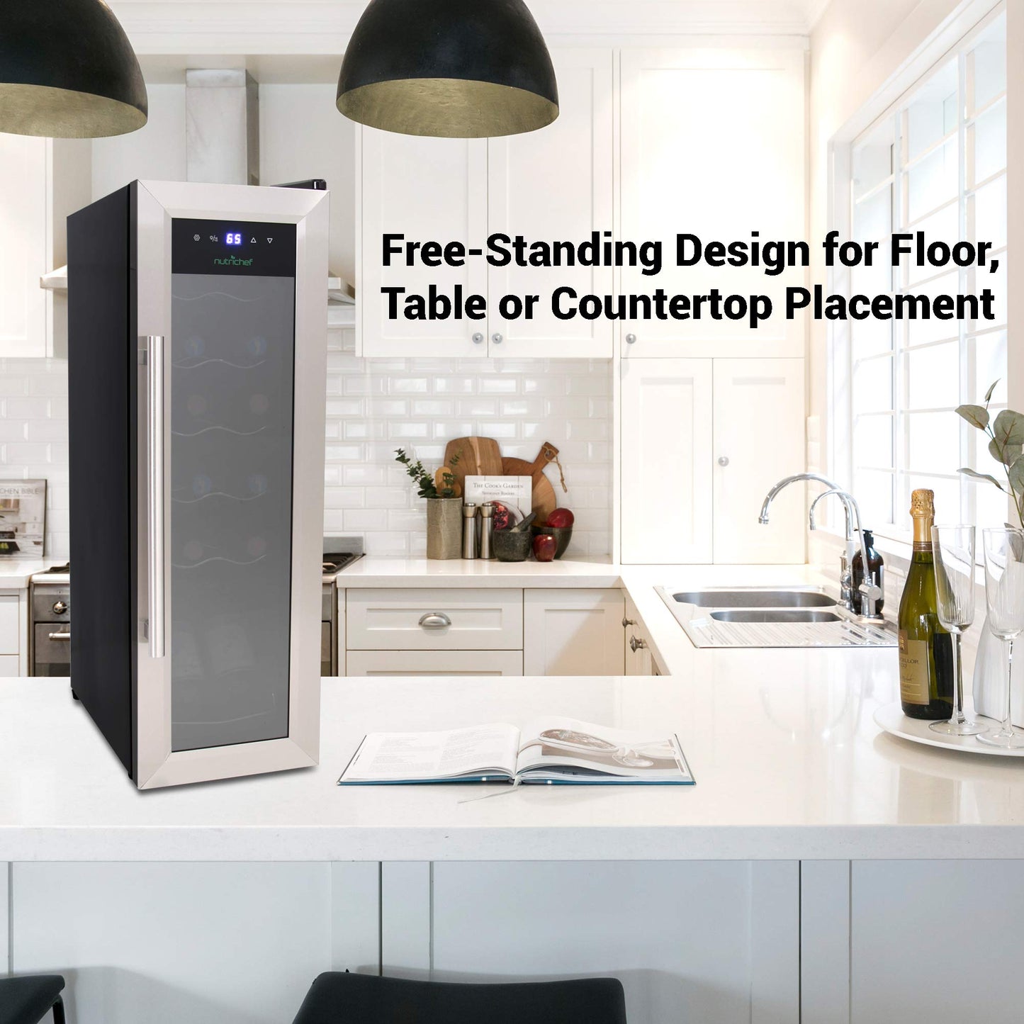 Nutrichef 12 Bottle Wine Cooler Refrigerator - White Red Wine Fridge Chiller Countertop Wine Cooler - Freestanding Compact Mini Wine Fridge 12 Bottle w/Digital Control, Stainless Steel Door - PKCWC12