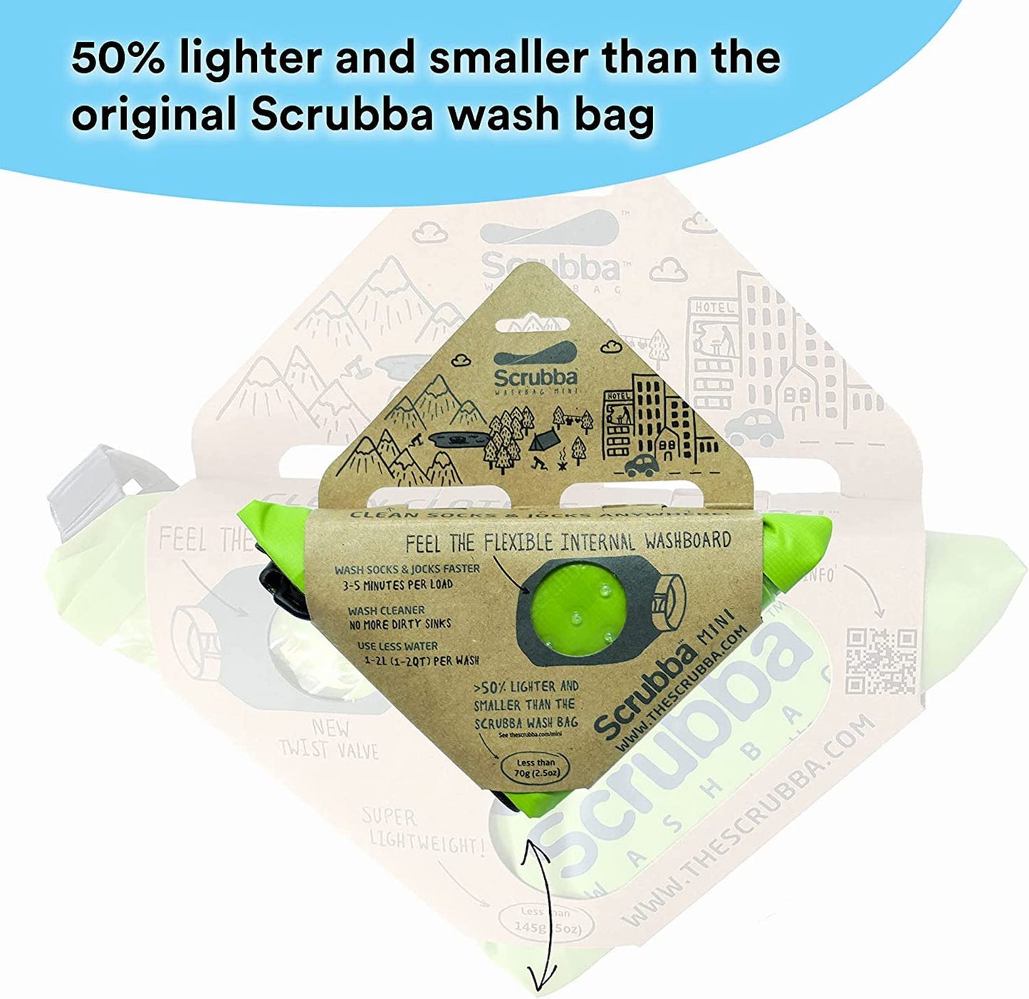 Scrubba Mini Wash Bag Ultra-Compact Laundry Bag Ideal for Travel, Camping & Hiking | Portable Washer & Dry Bag, Must-Have Travel Essentials Green Small