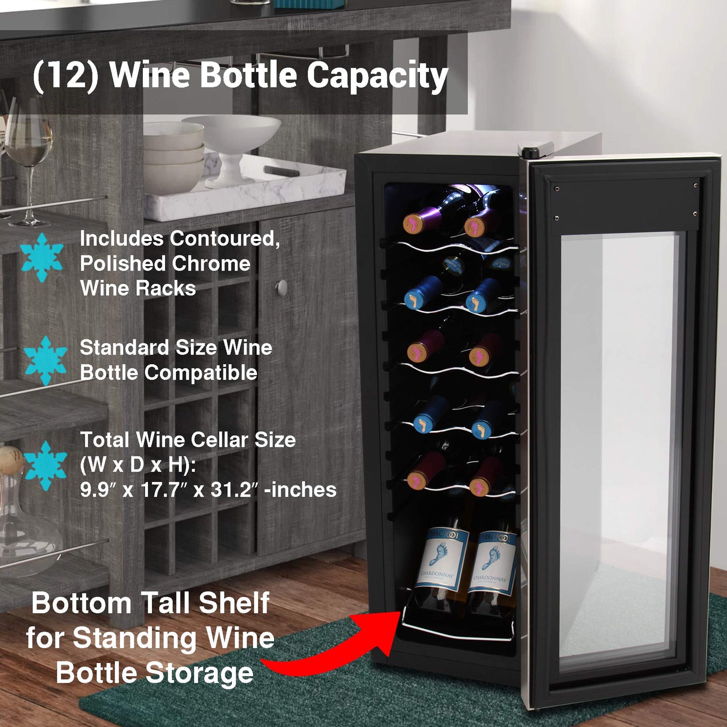 Nutrichef 12 Bottle Wine Cooler Refrigerator - White Red Wine Fridge Chiller Countertop Wine Cooler - Freestanding Compact Mini Wine Fridge 12 Bottle w/Digital Control, Stainless Steel Door - PKCWC12