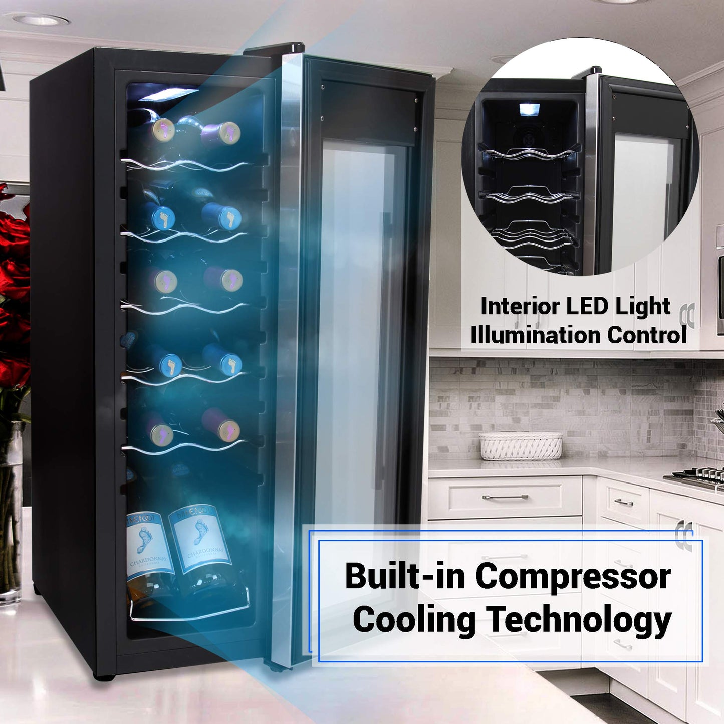 Nutrichef 12 Bottle Wine Cooler Refrigerator - White Red Wine Fridge Chiller Countertop Wine Cooler - Freestanding Compact Mini Wine Fridge 12 Bottle w/Digital Control, Stainless Steel Door - PKCWC12