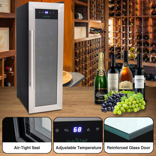 Nutrichef 12 Bottle Wine Cooler Refrigerator - White Red Wine Fridge Chiller Countertop Wine Cooler - Freestanding Compact Mini Wine Fridge 12 Bottle w/Digital Control, Stainless Steel Door - PKCWC12